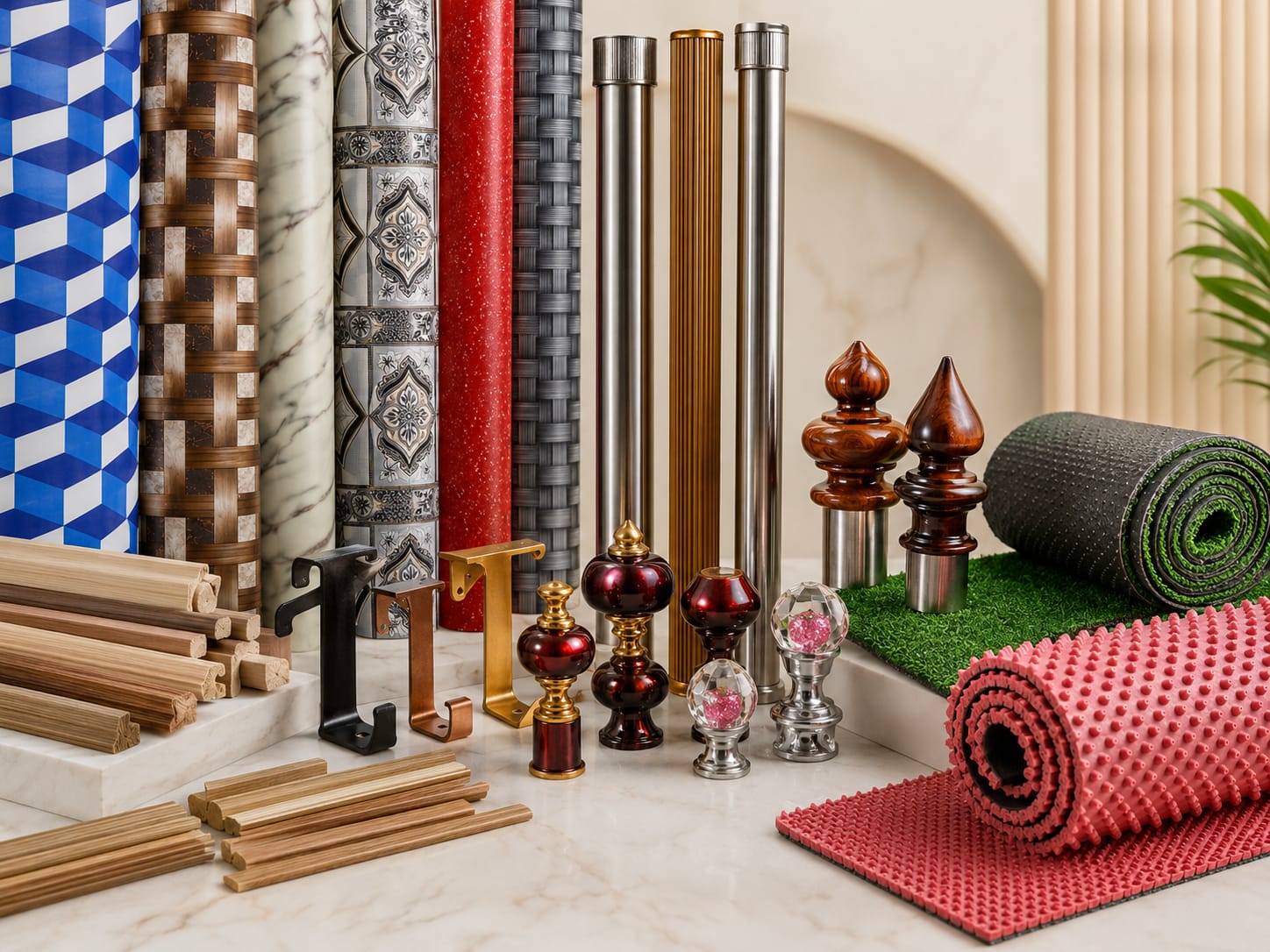 Decorative surface rolls, curtain pipes, finials, beading and floor mats