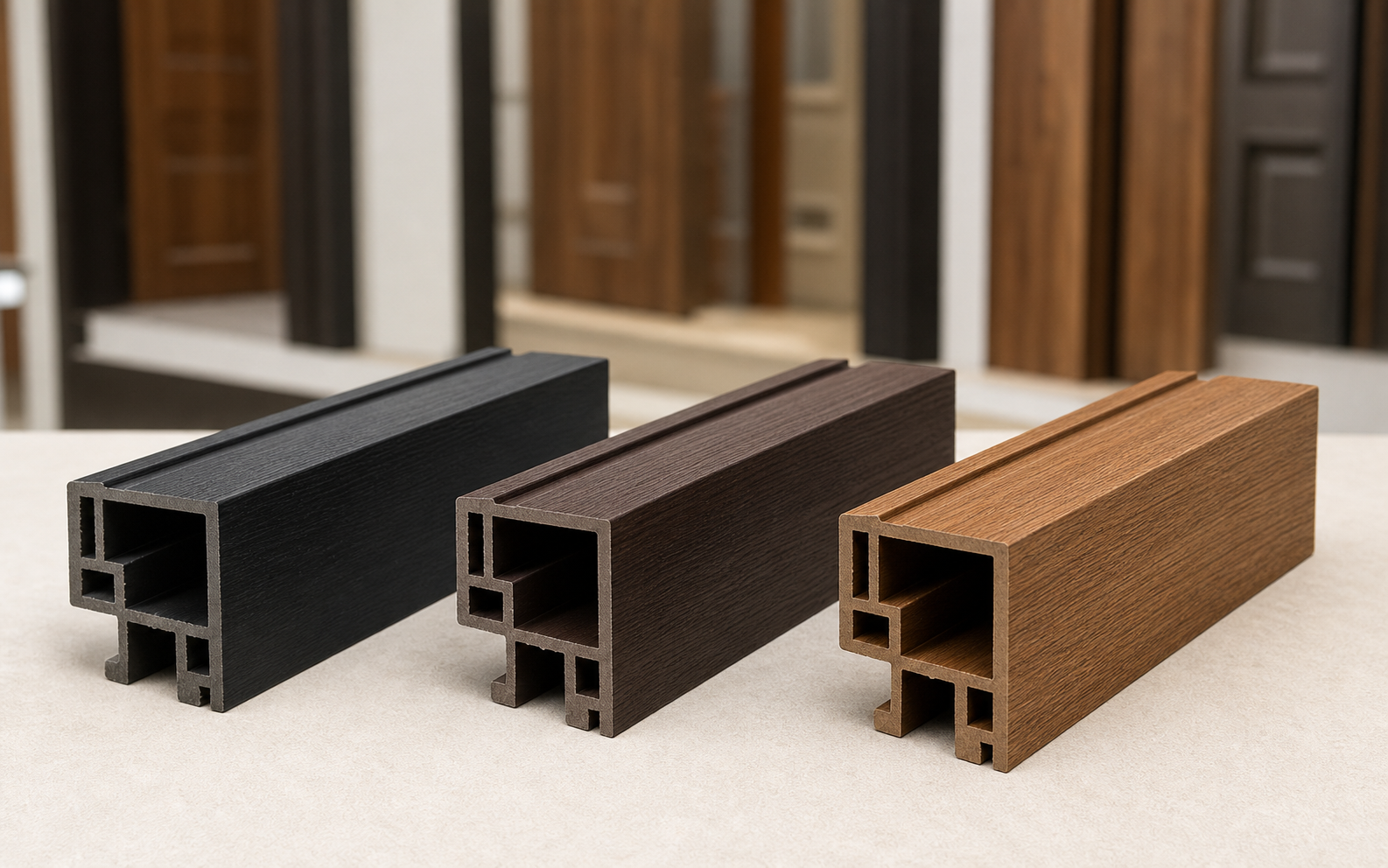 Black brown and teak WPC door frame finish samples