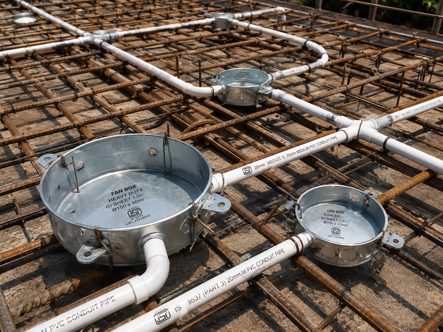 Fan box and concealed electrical pipe installation on roof slab