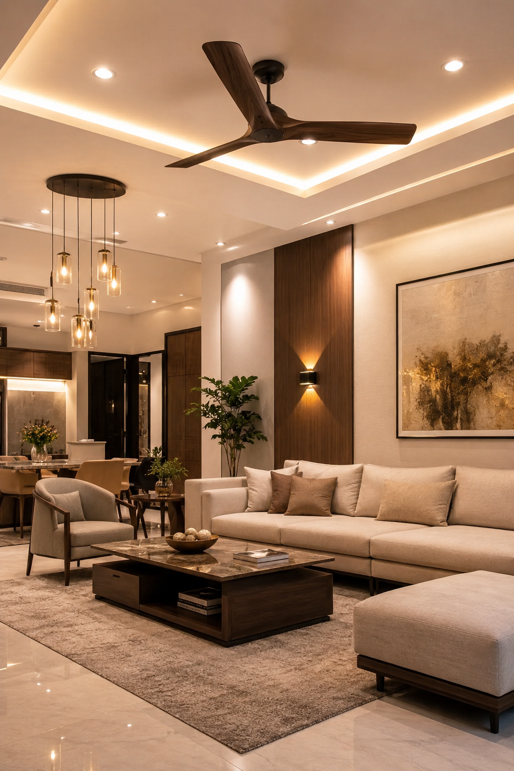 Modern living room with ceiling fan and lighting
