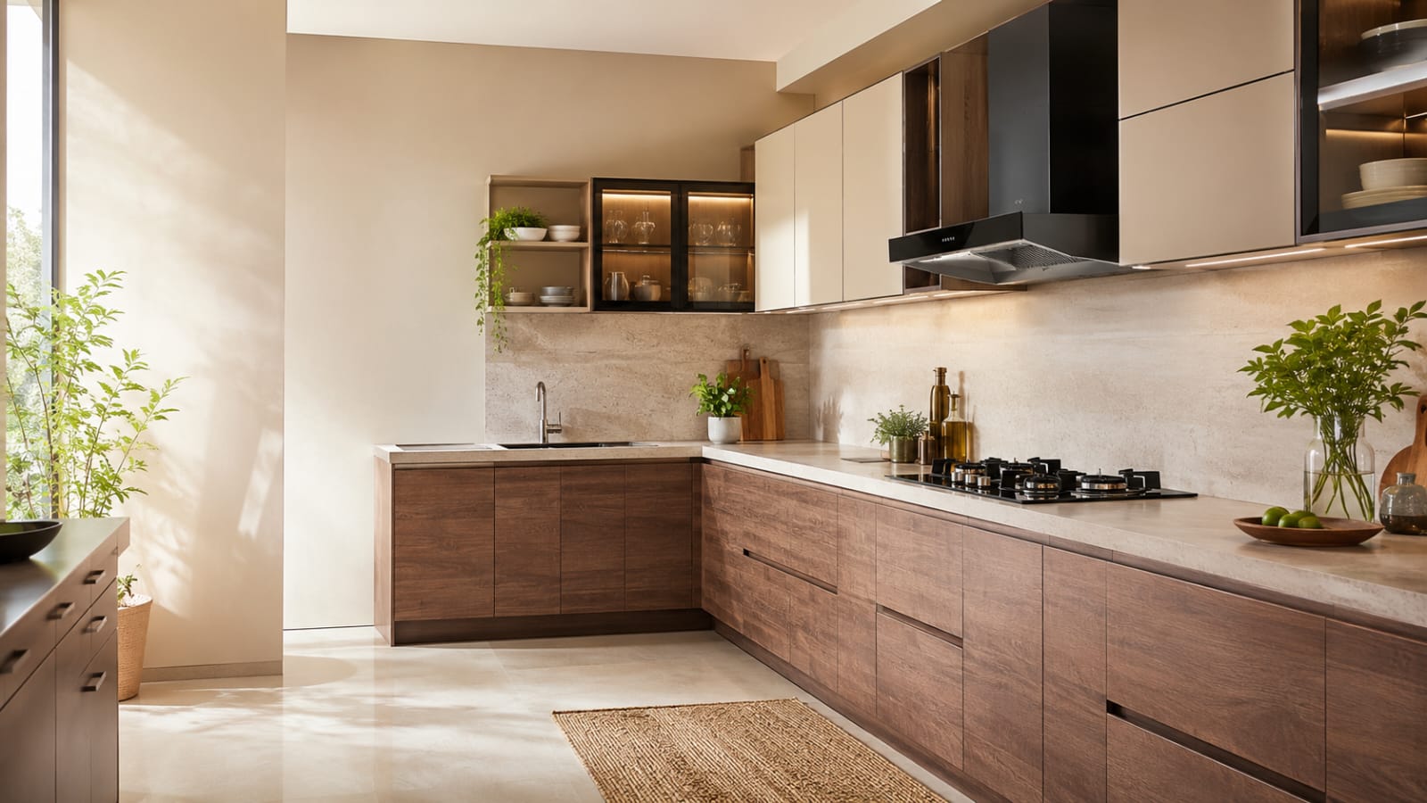 Modern modular kitchen with wood cabinetry and integrated chimney
