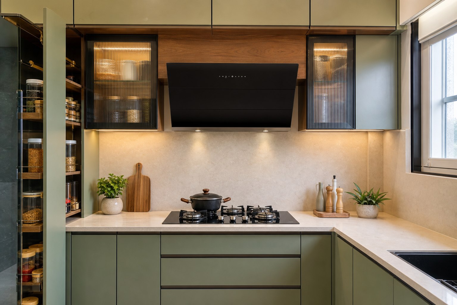Modern kitchen cooking zone with chimney and hob
