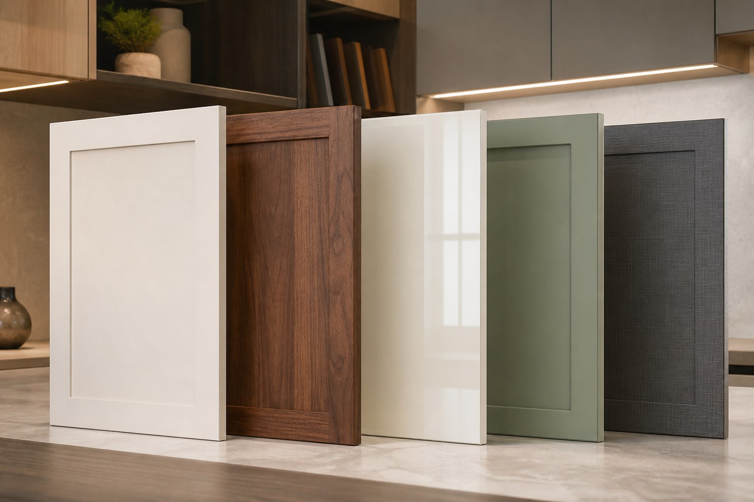 Modular kitchen laminate, wood, matte and acrylic shutter finishes
