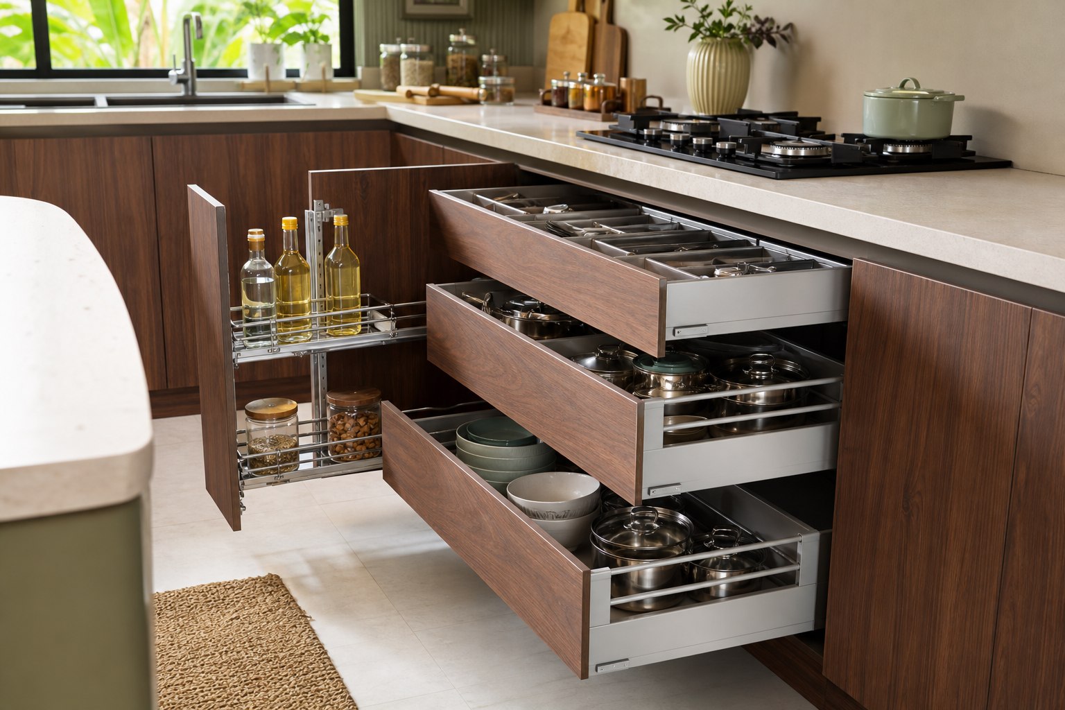 Organized kitchen storage drawers and baskets