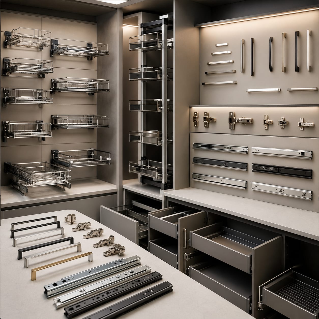 Kitchen baskets, handles, hinges and drawer channels display