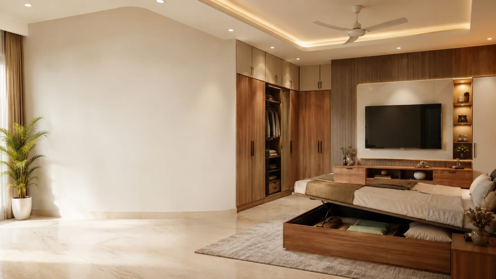 Modern bedroom with built-in wardrobe and hydraulic storage bed